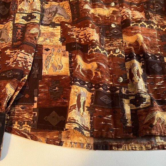 Vintage Moda Tech Western Shirt Red & Tan Horse Print All Over Womens M Cotton - Picture 2 of 12